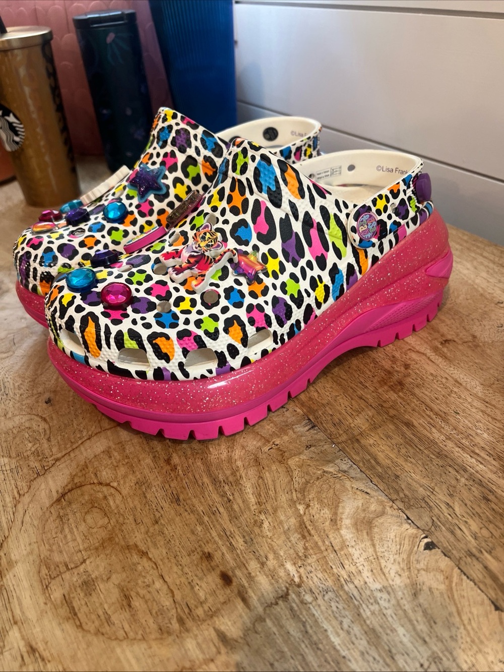 Crocs Lisa Frank Crush Platform Clog Animal Print Pink Glitter Sole Women's 8